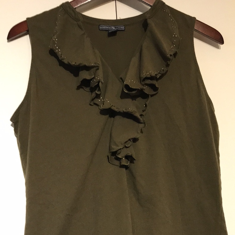American Living Women's Olive Ruffle Neck Sleeveless Cotton Blouse Top Size L - Picture 6 of 16